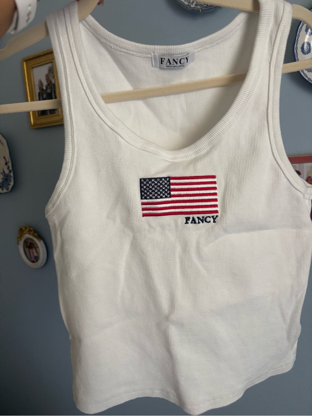 FANCY White Ribbed Tank with Embroidered Flag